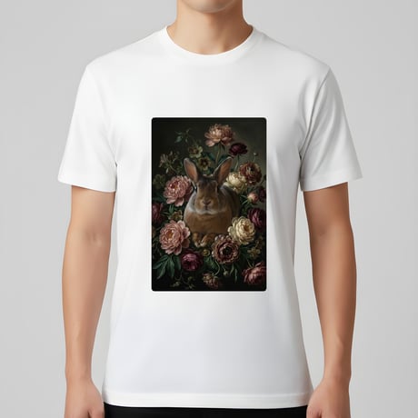 うさぎ（ミニレッキス）半袖Tシャツ 花の油絵風アート ホワイト 男女兼用