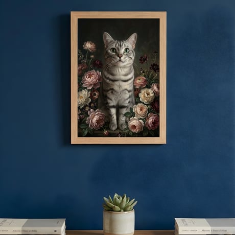 猫（アメリカンショートヘア）の花に囲まれた油絵風アート A4額装インテリア壁掛け