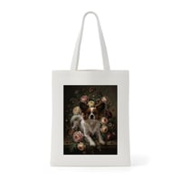 犬（パピヨン）トートバッグ 花の油絵風アート キャンバス地