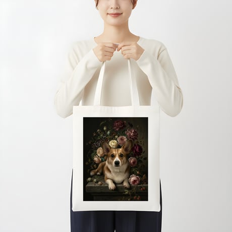 犬（コーギー）トートバッグ 花の油絵風アート キャンバス地