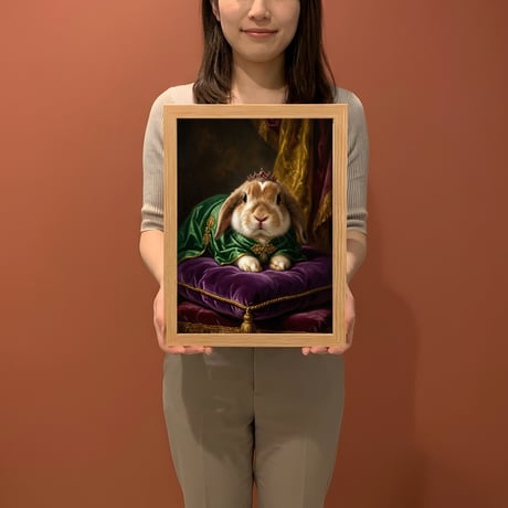 うさぎ（ミニロップ）のルネサンス風肖像画 油絵風アートA4額装インテリア壁掛け