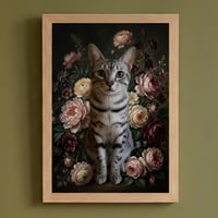 猫（エジプシャンマウ）の花に囲まれた油絵風アート A4額装インテリア壁掛け