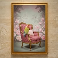 インコ（コザクラインコ）のロココ調シャビーピンクアート A3額装インテリア壁掛け