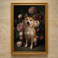 犬（柴犬）の花に囲まれた油絵風アート A3額装インテリア壁掛け