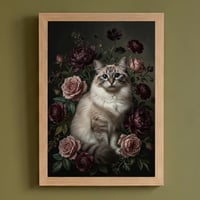 猫（ラグドール）の花に囲まれた油絵風アート A4額装インテリア壁掛け