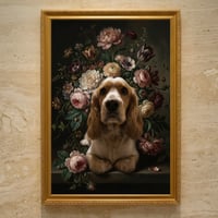 犬（コッカースパニエル）の花に囲まれた油絵風アート A3額装インテリア壁掛け