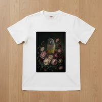 インコ（アカハラインコ）半袖Tシャツ 花の油絵風アート ホワイト 男女兼用