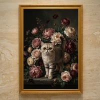 猫（エキゾチックショートヘア）の花の油絵風アート A3額装インテリア壁掛け