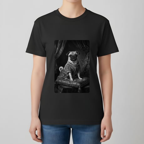 犬（パグ）半袖Tシャツ ルネサンス風モノクロアート ブラック 男女兼用