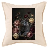 猫（ロシアンブルー）クッション 45cm 花の油絵風カラーアート
