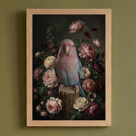 インコ（アキクサインコ）の花に囲まれた油絵風アート A4額装インテリア壁掛け