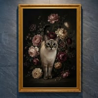 猫（シャム猫）の花に囲まれた油絵風アート A4金縁額装インテリア壁掛け