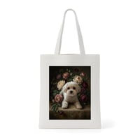 犬（マルチーズ）トートバッグ 花の油絵風アート キャンバス地