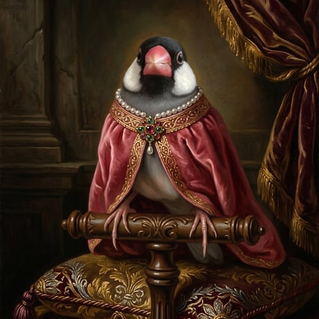 文鳥・ブンチョウのルネサンス風肖像画 油絵風アートA4額装インテリア壁掛け