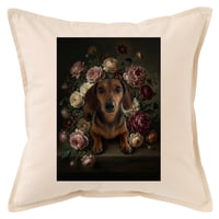 犬（ミニチュアダックスフンド）クッション 45cm 花の油絵風カラーアート