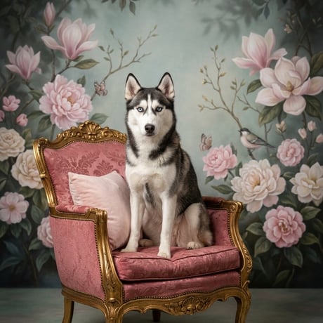 犬（シベリアンハスキー）のロココ調シャビーピンクアート A3額装インテリア壁掛け