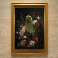 インコ（インドオオハナインコ）の花の油絵風アート A3額装インテリア壁掛け