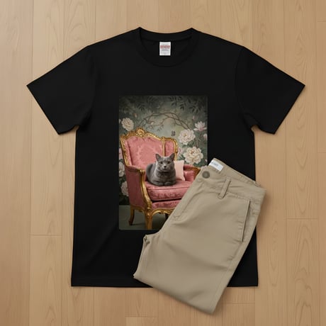 ブリティッシュショートヘア半袖Tシャツ ロココ調アート ブラック 男女兼用