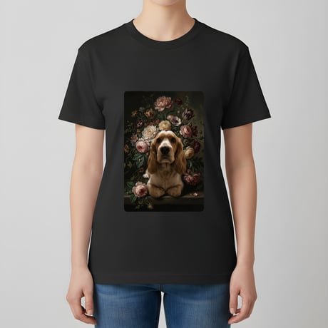 犬（コッカースパニエル）半袖Tシャツ 花の油絵風アート ブラック 男女兼用