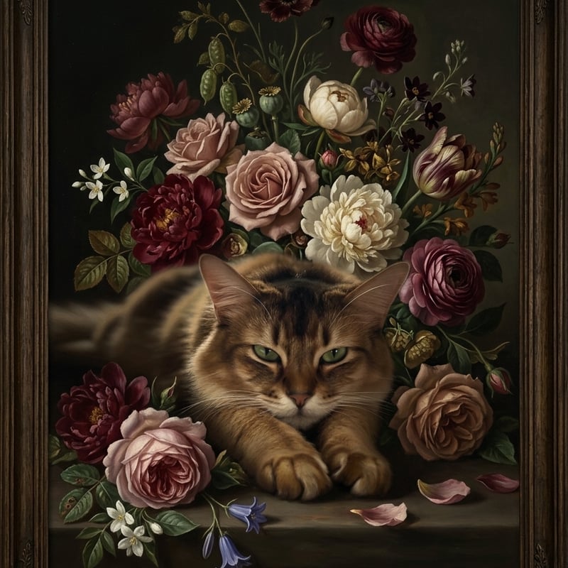 猫（アビシニアン）の花に囲まれた油絵風アート A3額装インテリア
