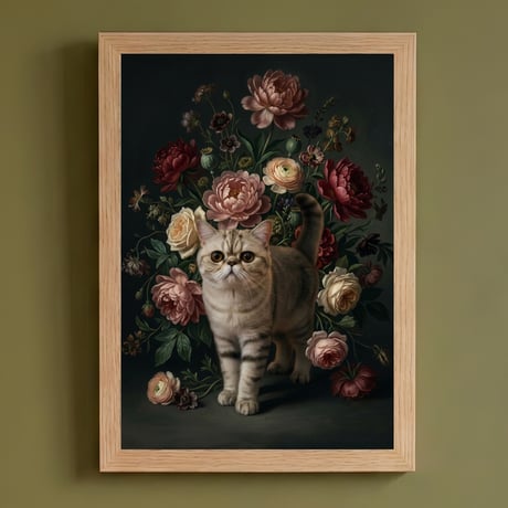 猫（エキゾチックショートヘア）の花の油絵風アート A4額装インテリア壁掛け