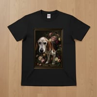 犬（ビーグル）半袖Tシャツ 花の油絵風アート ブラック 男女兼用