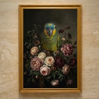 インコ（アオボウシインコ）の花に囲まれた油絵風アート A3額装インテリア壁掛け
