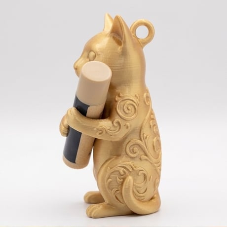 猫（ロシアンブルー）の3Dプリント リップケース シルクゴールド キーホルダー