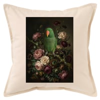 インコ（オオハナインコ）クッション 45cm 花の油絵風カラーアート