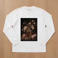 うさぎ（ベルジアンヘア）長袖Tシャツ 花の油絵風アート ホワイト 男女兼用