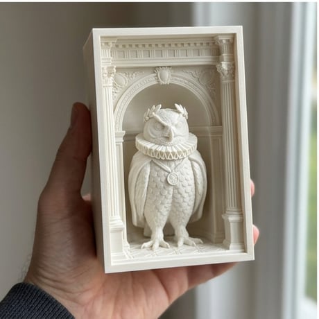 ベンガルワシミミズクの3Dプリント ブックヌーク 白PLA 本棚インテリア
