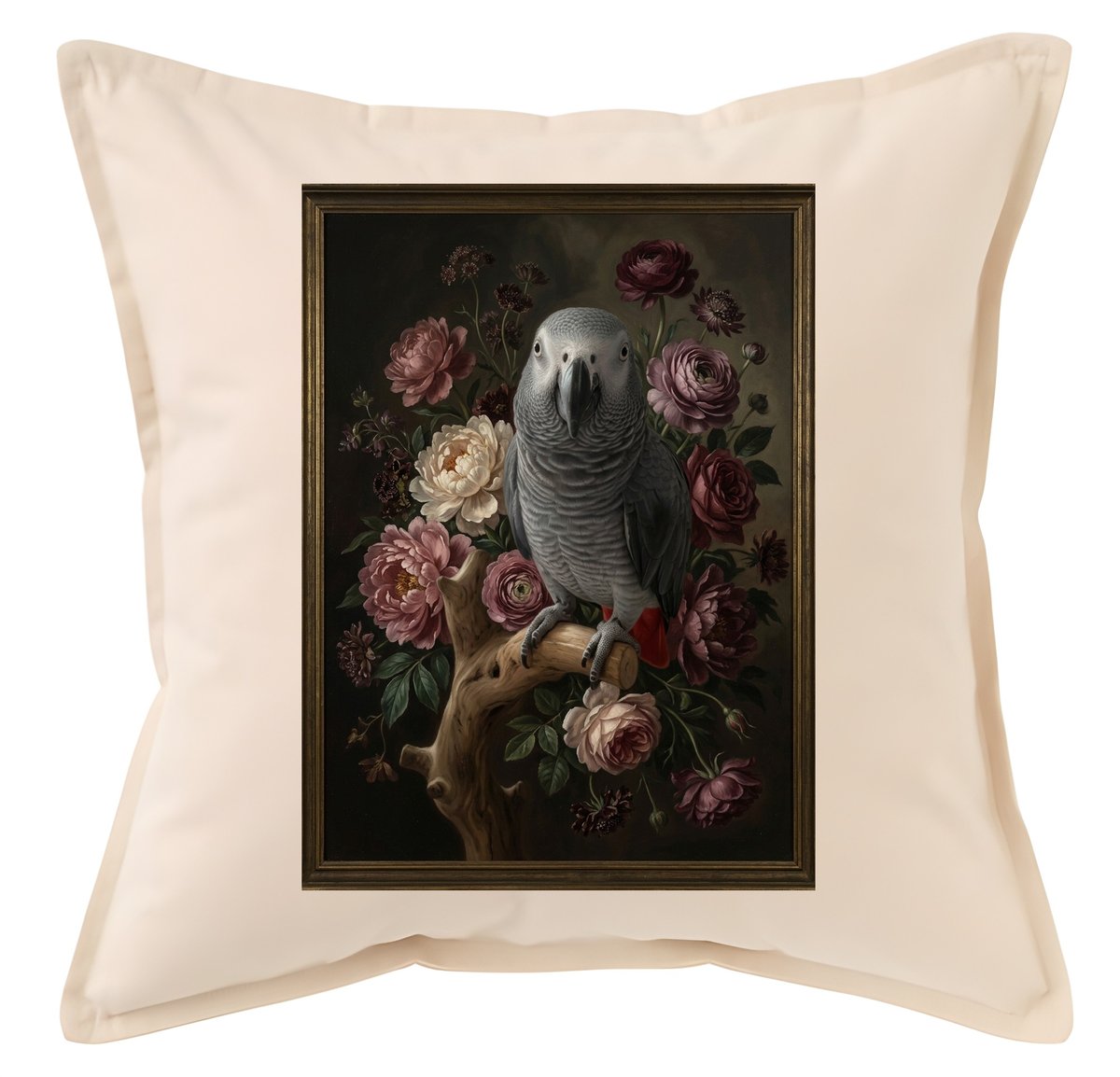 インコ　ヨウム　アクリル画　オリジナル制作　壁飾り インコ（ヨウム）クッション 45cm 花の油絵風カラーアート | うちの子