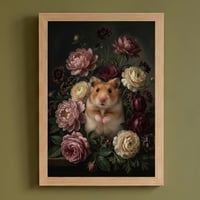 ハムスター（ファンシーハムスター）の花の油絵風アート A4額装インテリア壁掛け