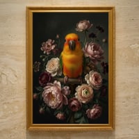 インコ（ナナイロメキシコインコ）の花の油絵風アート A3額装インテリア壁掛け