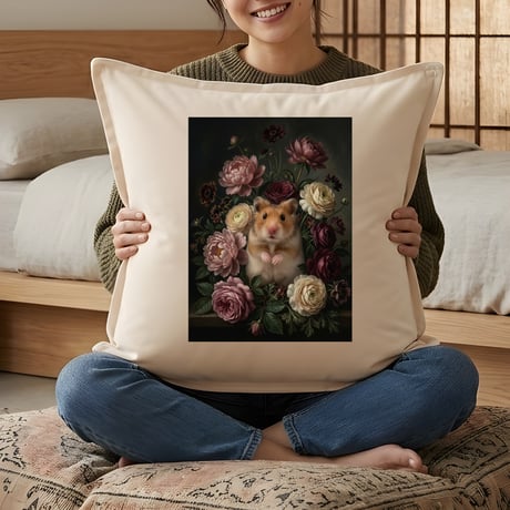ハムスター（ファンシーハムスター）クッション 45cm 花の油絵風カラーアート
