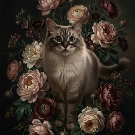 猫（ラグドール）の花に囲まれた油絵風アート A4額装インテリア壁掛け