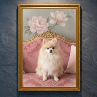 犬（ポメラニアン）のロココ調シャビーピンクアート A4金縁額装インテリア壁掛け