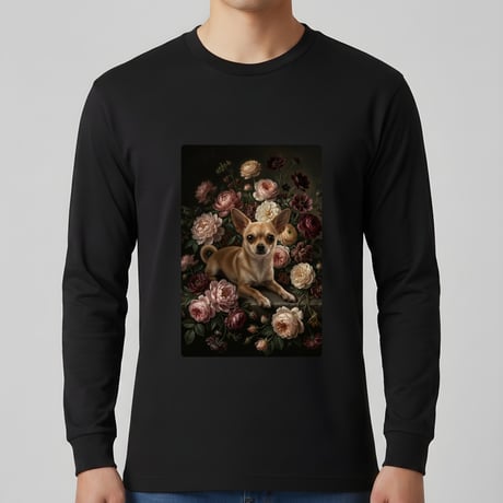 犬（チワワ）長袖Tシャツ 花の油絵風アート ブラック 男女兼用