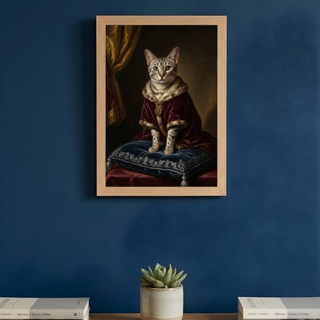 猫（エジプシャンマウ）のルネサンス風肖像画 油絵風アートA4額装インテリア壁掛け