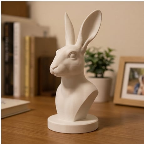 うさぎ（ベルジアンヘア）の3Dプリント胸像 白PLA 彫刻 置物 インテリア