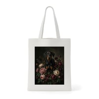 犬（ドーベルマン）トートバッグ 花の油絵風アート キャンバス地
