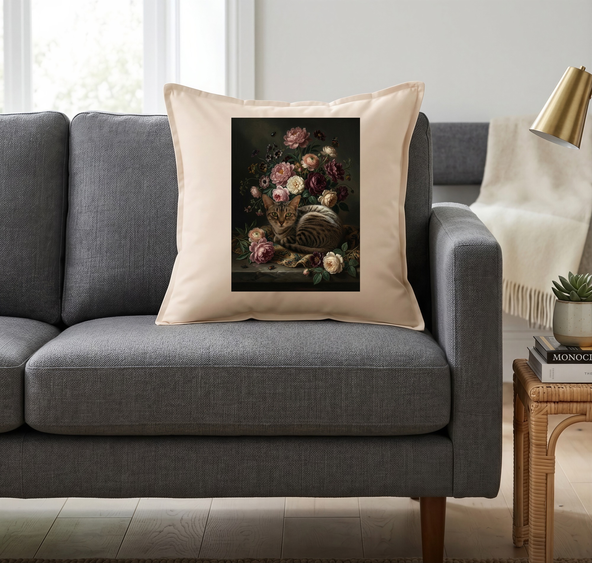 猫（アメリカンショートヘア）クッション 45cm 花の油絵風カラーアート