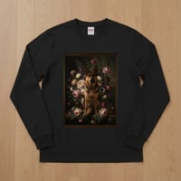 犬（ジャーマンシェパード）長袖Tシャツ 花の油絵風アート ブラック 男女兼用