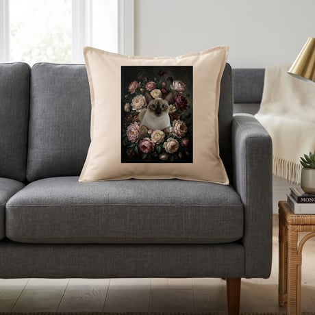 猫（シャム猫）クッション 45cm 花の油絵風カラーアート