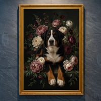 犬（バーニーズマウンテンドッグ）の花の油絵風アート A4金縁額装インテリア壁掛け