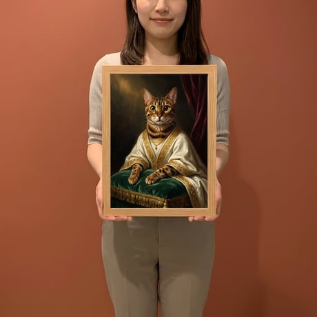 猫（ベンガル）のルネサンス風肖像画 油絵風アートA4額装インテリア壁掛け