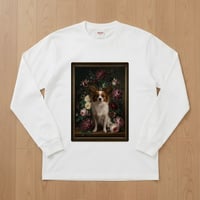 犬（パピヨン）長袖Tシャツ 花の油絵風アート ホワイト 男女兼用
