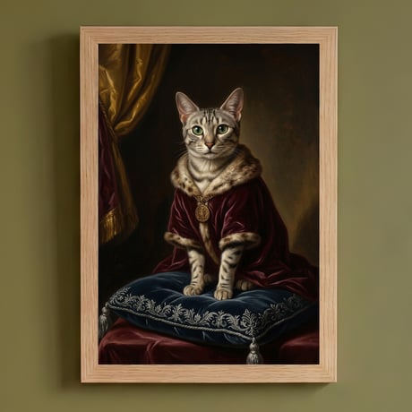 猫（エジプシャンマウ）のルネサンス風肖像画 油絵風アートA4額装インテリア壁掛け