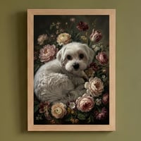 犬（マルチーズ）の花に囲まれた油絵風アート A4額装インテリア壁掛け