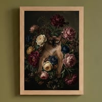 猫（バーミーズ）の花に囲まれた油絵風アート A4額装インテリア壁掛け